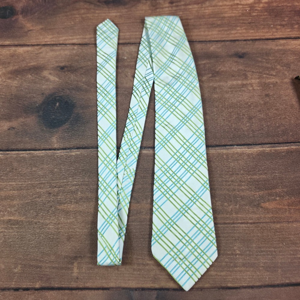 Ted Baker Necktie Mens OS White Green Blue Good Plaid Silk Hand Tailored USA